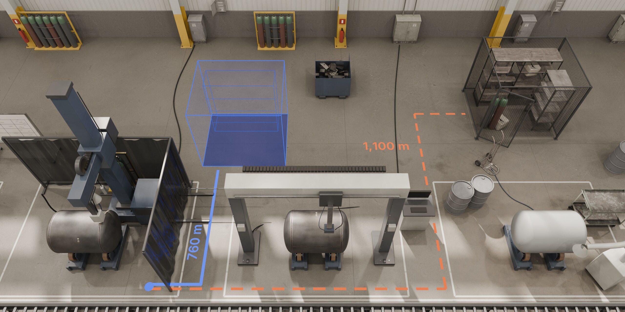 Overhead view of the plant with the consumables crib's proposed position shown as a blue outline beside the weld booth. The old route to the crib, 1,100 m per unit, is dashed amber; the new route, 760 m, is blue.