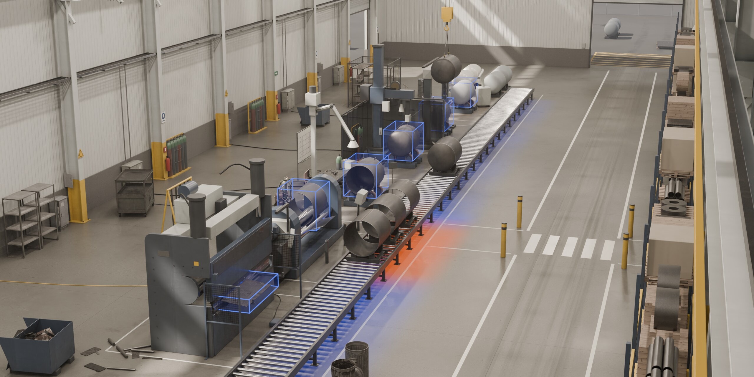A fabrication line with six stations along a roller conveyor. Blue boxes mark the units being tracked at each station, and the floor along the conveyor glows blue, turning amber where units queue before fit-up.
