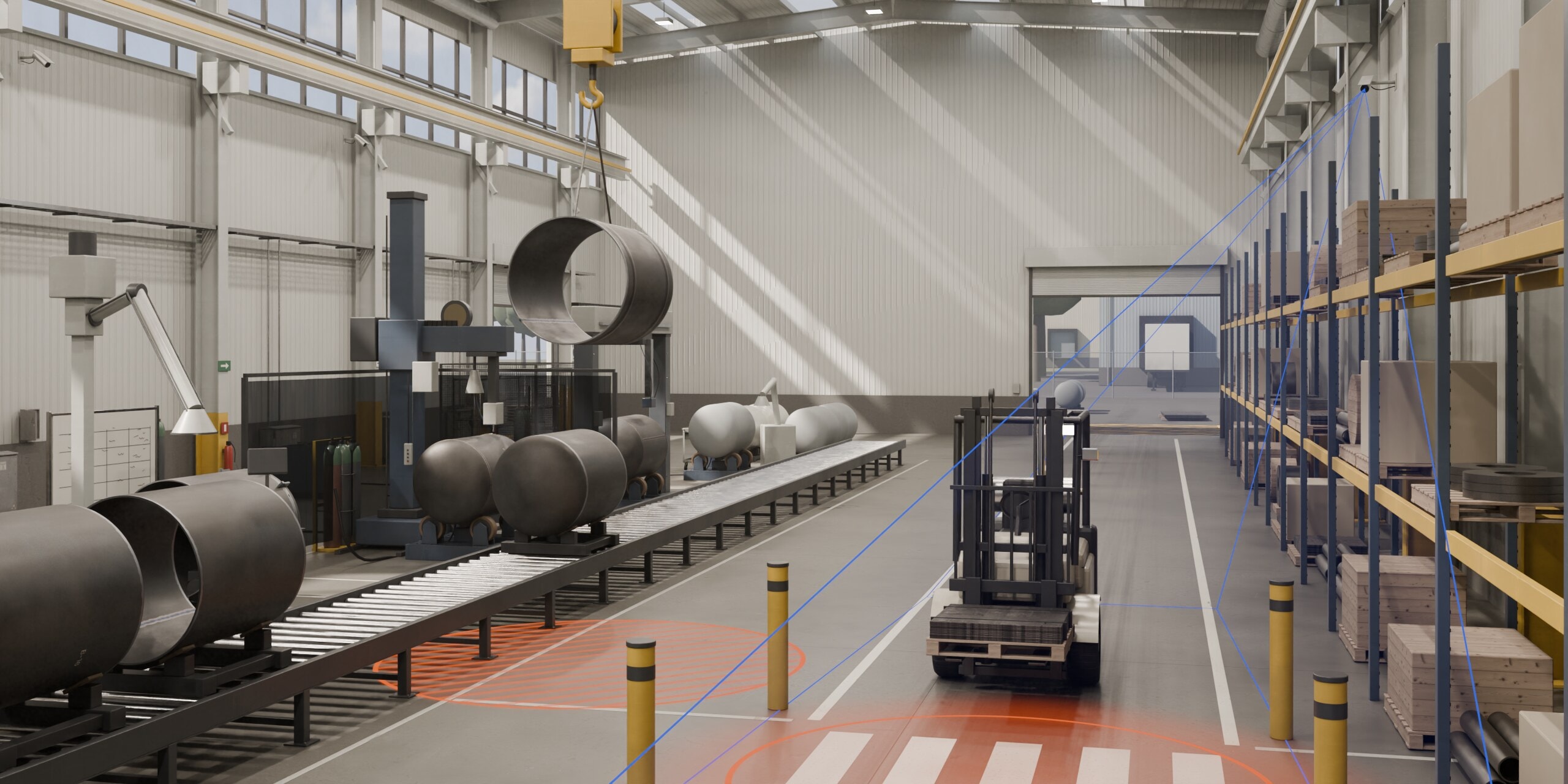 A forklift in the aisle of a fabrication bay. Amber zones mark the floor under a load on the crane and the walkway crossing, and blue lines show a wall camera's field of view.