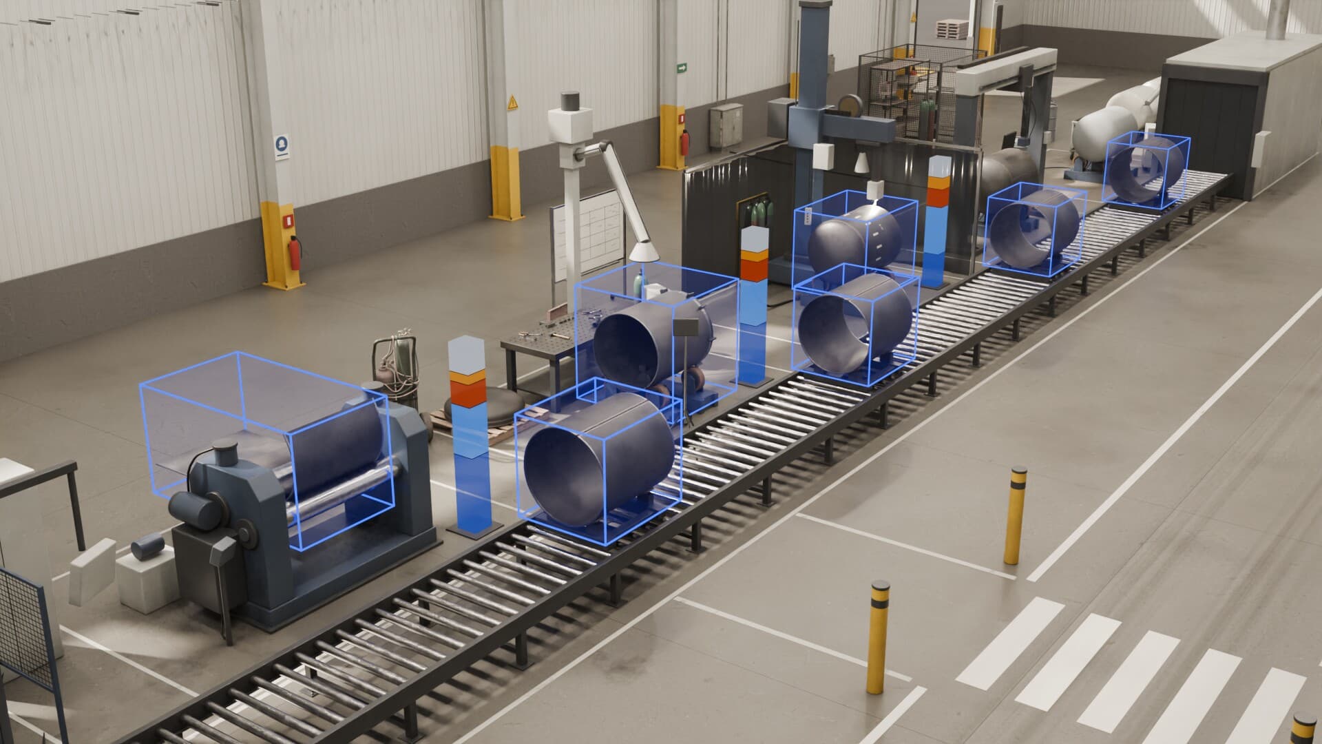 A ceiling camera's view of the roll, fit-up and weld stations: each unit boxed in blue as it moves, and beside each station a column showing how its time splits.