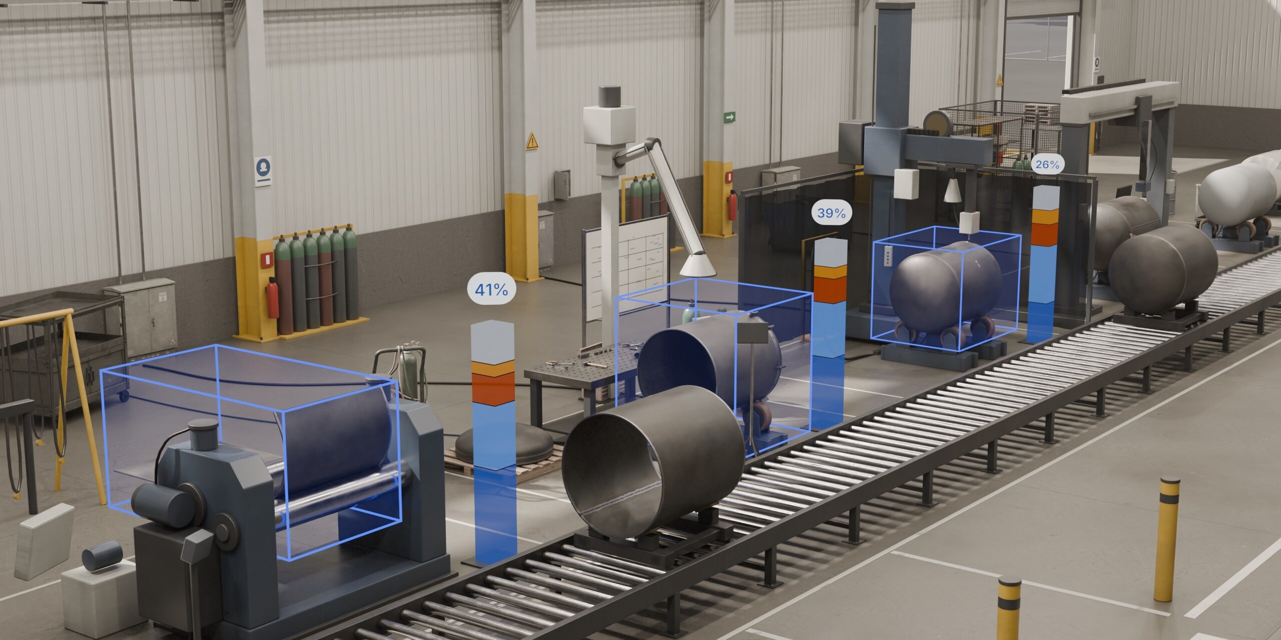 Three stations on a fabrication line, each unit marked with a blue box, and beside each station a glass column split into value-added work, handling, waiting, walking and idle: 41%, 39% and 26% value-added.